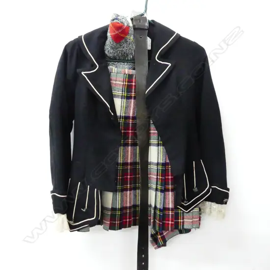 VINTAGE KILT WITH BLACK JACKET, PR ARGYLE SOCKS & LEATHER TOOLED BELT WITH BULL BUCKLE