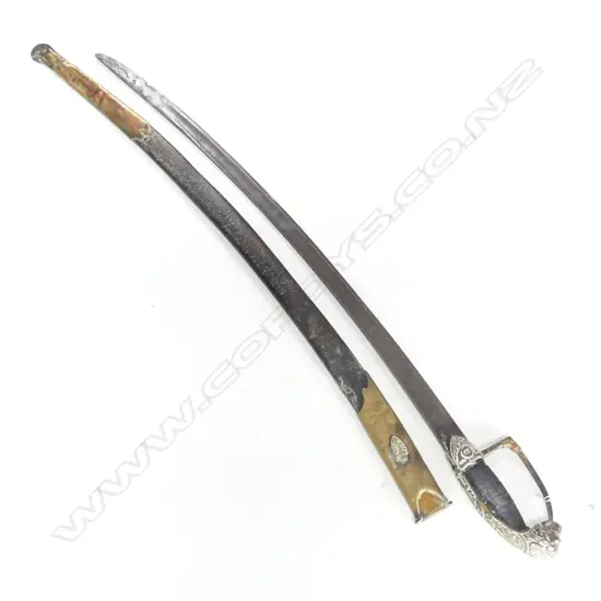 19thC SABRE SWORD LION'S HEAD POMMEL. Shield rain guard w horn. repair to guard. ...