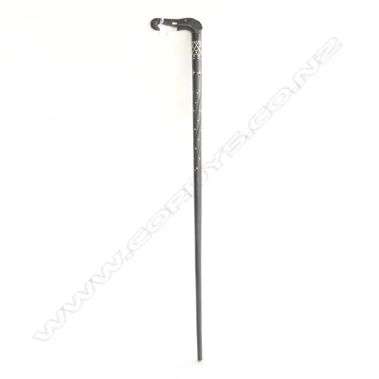 EBONY WALKING STICK w. ELEPHANT HEAD HANDLE & BONE INLAY H.910mm
