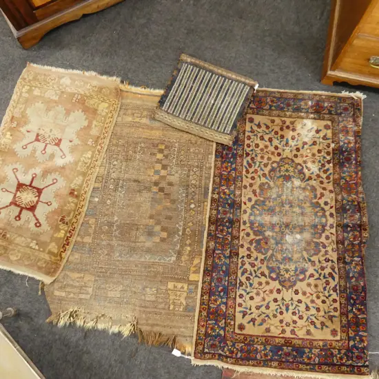 3 VINTAGE PERSIAN RUGS & SALT BAG WORN, 1 RUG DAMAGED. LARGEST 750 X 1300MM