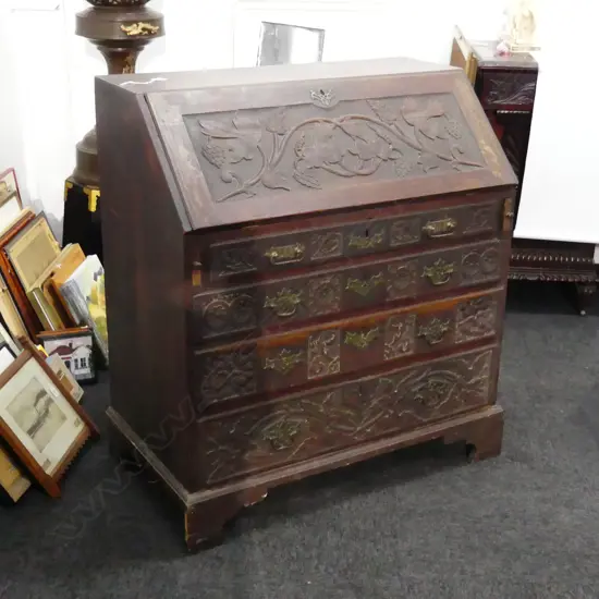 VICTORIAN OAK CARVED FALL FRONT BUREAU