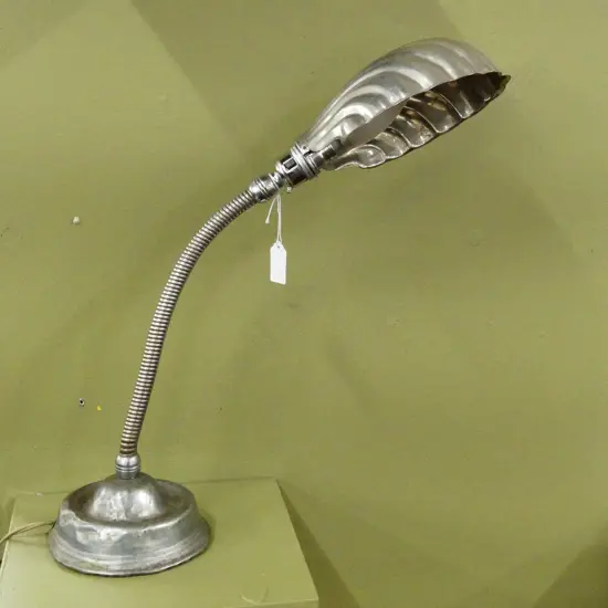 VINTAGE SILVER METAL GOOSENECK LAMP w. SHELL SHADE
