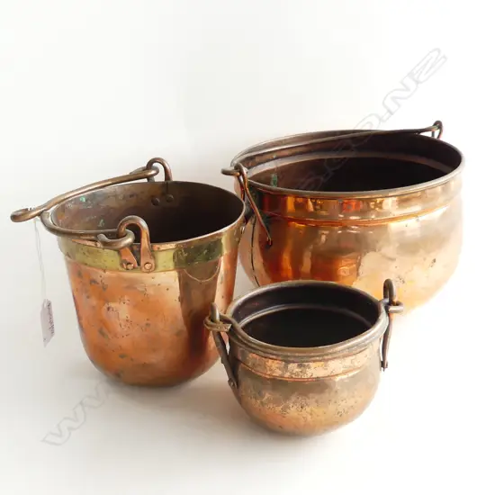 3 VINTAGE COPPER BUCKETS H.95, 140, 155mm