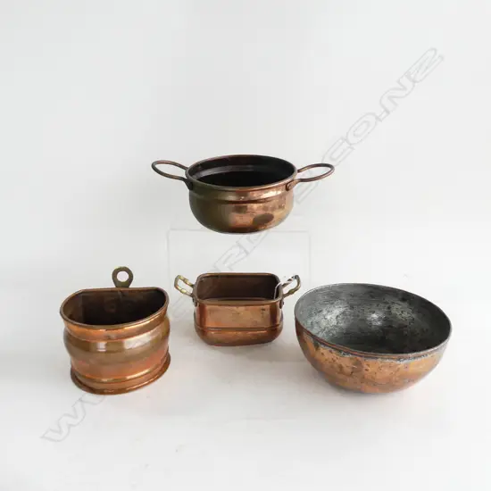4 VINTAGE COPPER CONTAINERS; 1 WALL MOUNTED, 2 DOUBLE HANDLED, BOWL 175mm dia