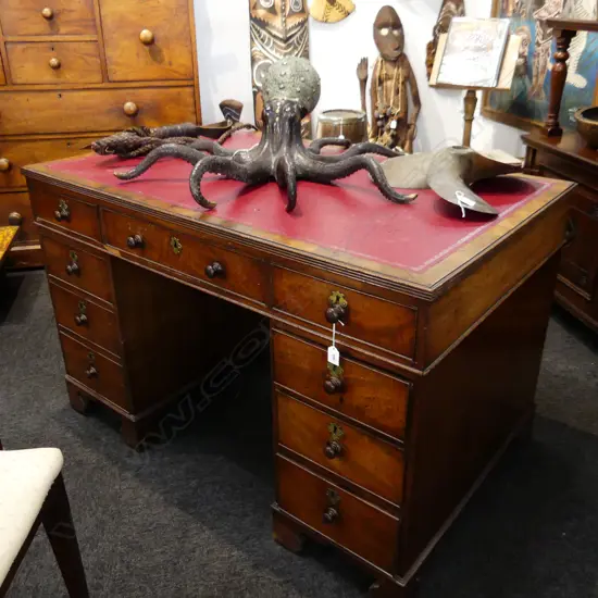 VICTORIAN MAHOGANY TWIN PEDESTAL KNEE-HOLE DESK w. RED LEATHER TOP 1190x740x760mm