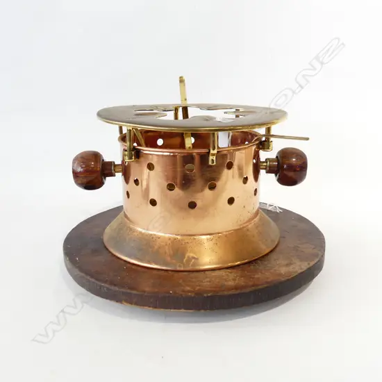LGE 1970'S COPPER & BRASS POT WARMER ON WOOD STAND