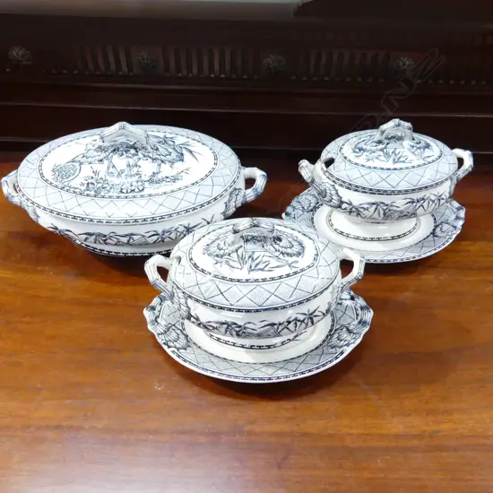 3 LATE VICTORIAN LIDDED IRONSTONE TUREENS IN 'BAMBOO' PATTERN L.330mm 