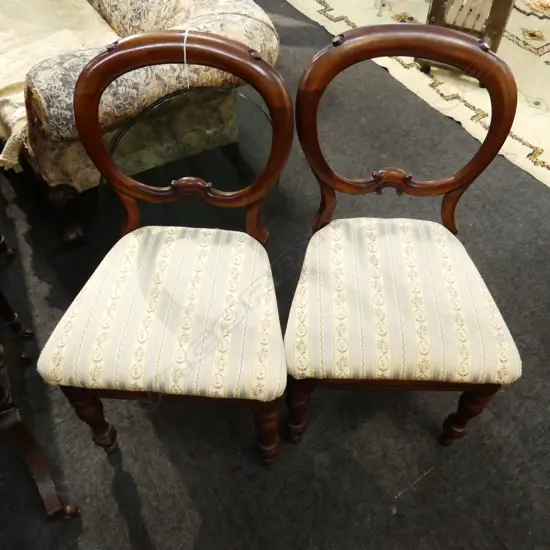 PR VICTORIAN MAHOGANY BALLOON BACK CHAIRS STRIPED UPHOLSTERY