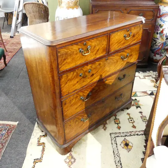 VICTORIAN FLAME MAHOGANY BOW FRONT CHEST OF 5 DRAWERS. some faults W1035 x D460 x H1060