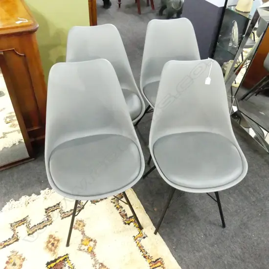 4 GREY PLASTIC KITCHEN CHAIRS, , ATTACHED CHAIR PADS & BLACK METAL LEGS
