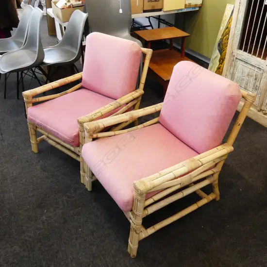 PR BAMBOO PATIO ARM CHAIRS - PINK UPHOLSTERY 