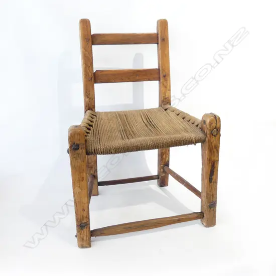 SMALL PINE RUSHSEATED LOW CHILDS CHAIR OF SQUARE SHAPE.