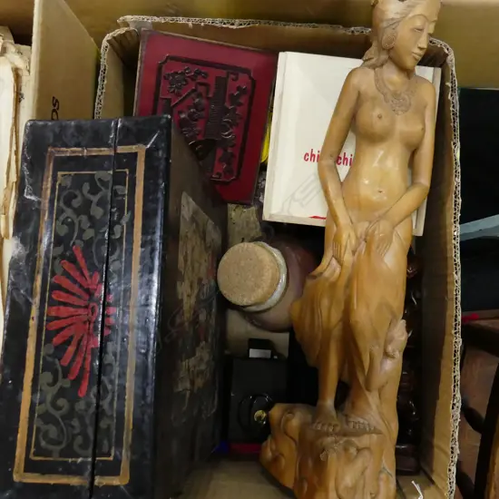 BOX LOT: CARVINGS + CHINESE BOW + WATERPROOF CAMERA + PAPER NAUTILUS SHELL ETC