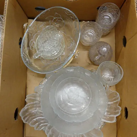 BOX LOT ASST GLASS & CRYSTAL; BOWLS, DISHES, ETC..