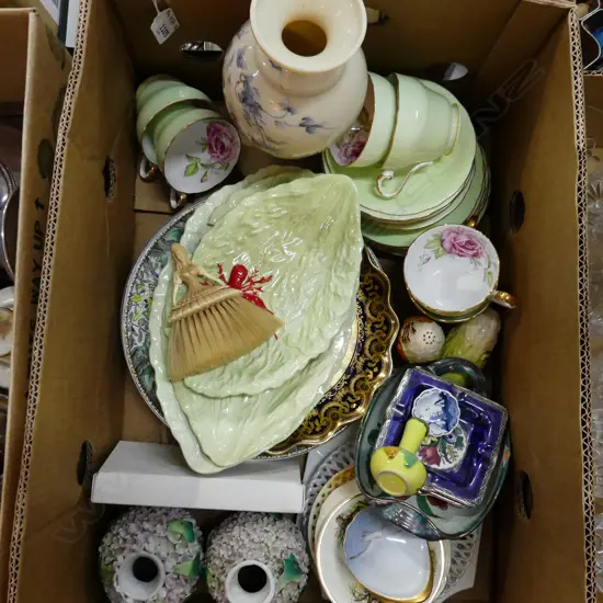 BOX LOT ASST CHINA & COLLECTABLES INCL QUEEN ANNE TEA SET ETC..
