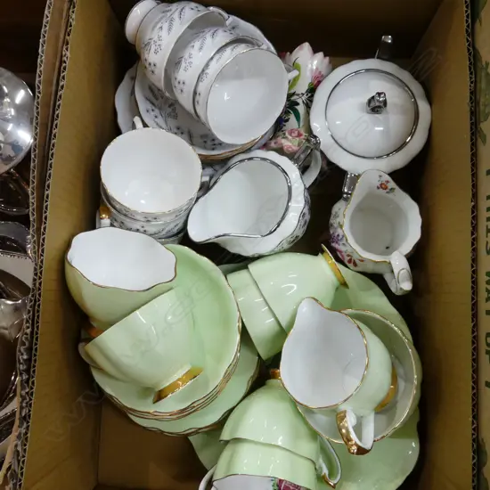 BOX LOT ASST CHINA INCL COLOUGH & QUEEN ANNE TEA SETS