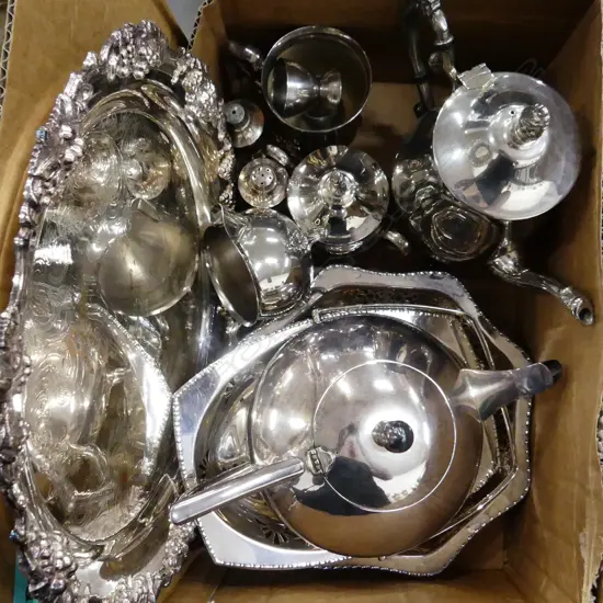 BOX ASST VINTAGE SILVER PLATE INCL 3 PC COFFEE SET