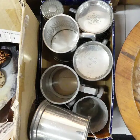 7 ASST OLD PEWTER MUGS  + SILVER PLATE LIDDED JAR & THIMBLE