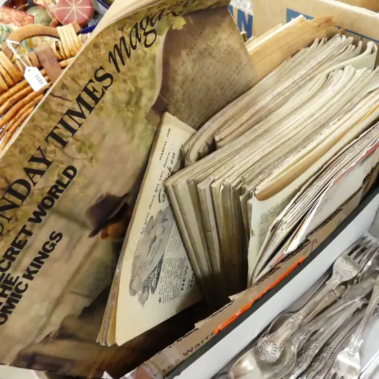 ASST OLD NEWSPAPERS & MAGAZINES, CIGARETTE CARD ALBUM ETC..