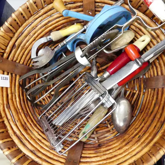 CANE BASKET WITH VINTAGE KITCHEN UTENSILS 