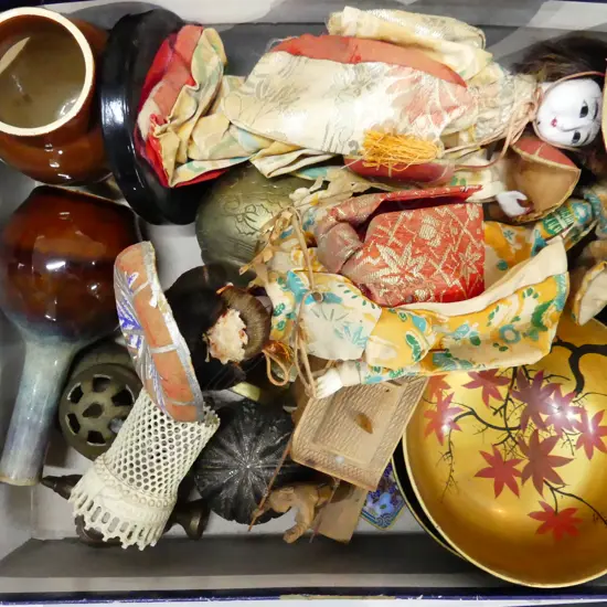 BOX ASIAN COLLECTIBLES; DOLLS, POTTERY, BRASS, BONE, LACQUER BOWLS ETC..