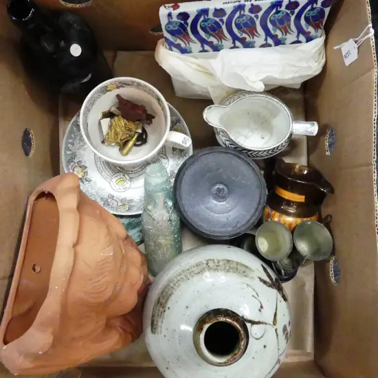 BOX OF OPALISED MARBLE BOTTLE + ANGEL WALL POCKET + POUNAMU + POTTERY ETC