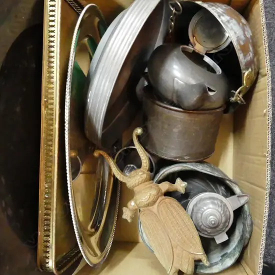 BOX LOT ASST. PEWTER INCL. CHARGER 450mm dia, TRAYS ETC