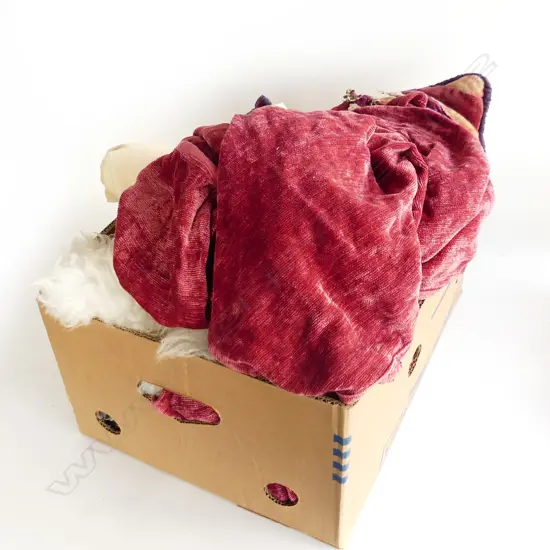 BOX OF LONG VINTAGE RED VELVET CAPE ? SHEEP SKIN CUSHION  ETC