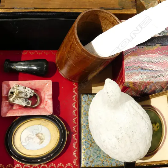 BOX MISC INCL TREEN, LEATHER POUCHES, BOX ASST SCISSORS ETC..