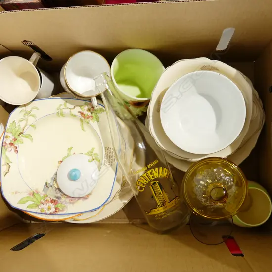 BOX LOT ASST 1940 CENTENNIAL EXHIBITION WARE; PLATES, BOWLS, CUPS, GLASS INCL BOTTLE ETC..