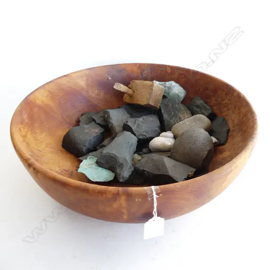 LGE BURR TOTARA TURNED BOWL + ASST ROCKS ETC Dia.385mm