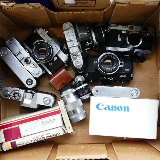 BOX LOT ASST  VINTAGE CANON CAMERAS, LENSES ETC..