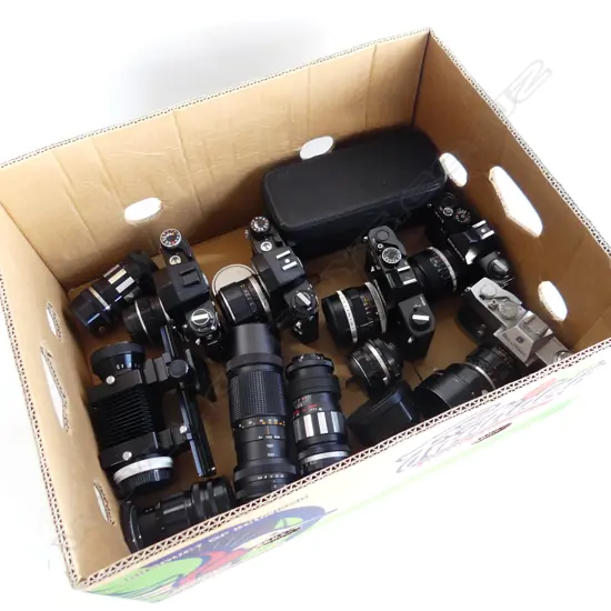 BOX LOT CANON & MIRANDA CAMERAS BELLOWS ETC