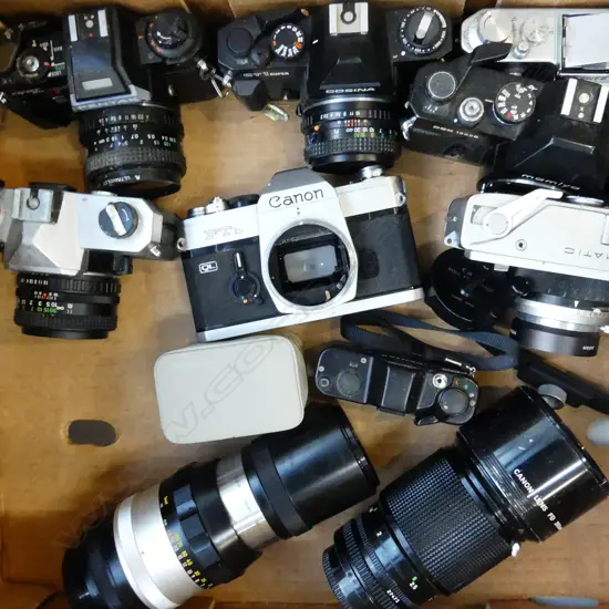 BOX LOT ASSORTED CAMERAS & LENSES 