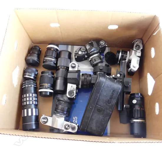 BOX LOT CANON & MIRANDA CAMERAS BELLOWS ETC