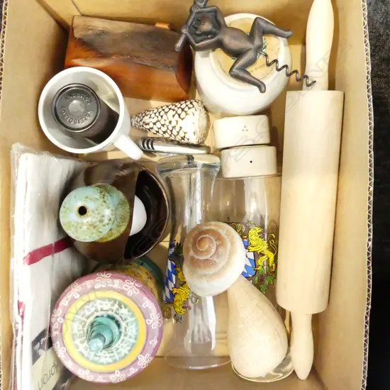 BOX LOT ASST. KITCHENWARE; ROLLING PIN, SALT PIG, CERAMIC CONTAINERS ETC