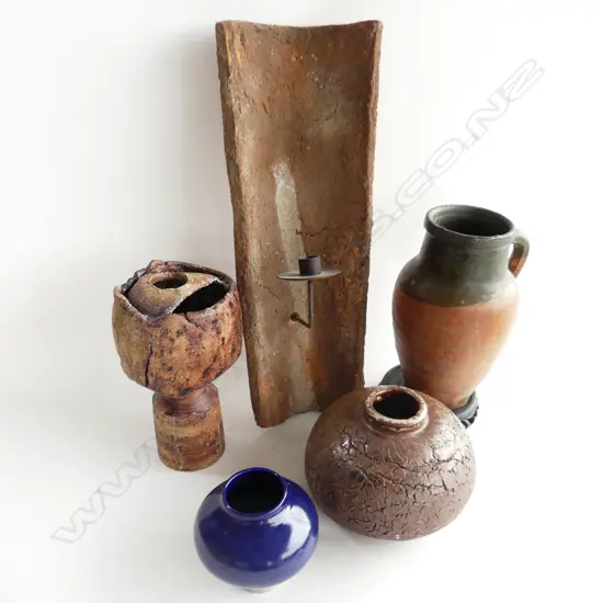 5 STUDIO POTTERY PCES. WALL CANDLE SCONCE + 3 VAES & JUG