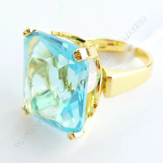 925 SILVER GILT  LARGE  FAUX  AQUA COLOUR DRESS RING