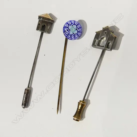 2 ENGLISH STG SILVER 'HOUSE' STICKPINS + MILLEFIORE STICK PIN 