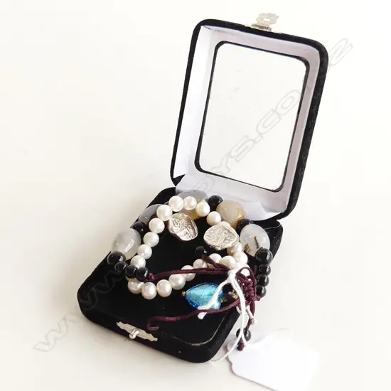 PR CUFFLINKS + 2 BRACELETS; FRESHWATER PEARLS W BLUE HEART & GEMSTONE BEAD TIE BRACELET