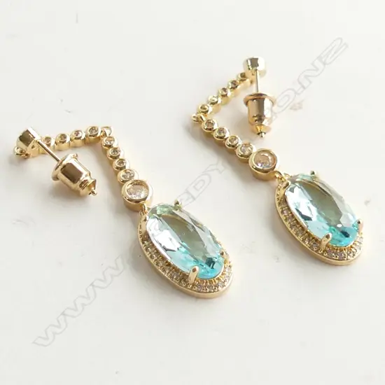 BLUE ZIRCON & GOLD GILT SILVER LONG DROP EARRINGS 