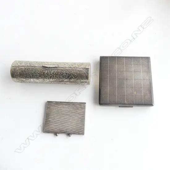 3 SILVER PCES; 925 COMPACT, PHOTO FRAME CASE, 800 SILVER CYLINDER CASE L.100mm 238 GRAMS WEIGHTED