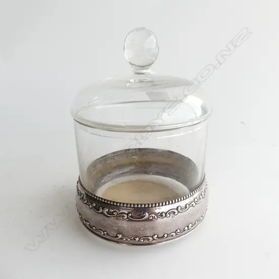 LIDDED GLASS CONTAINER w. STG TRIM 125mm dia