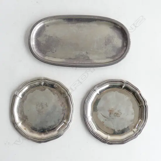 3 PCES GERMAN 835 SILVER; PR COASTERS 140mm dia + OVAL TRAY 115x220mm 277 GRAMS 