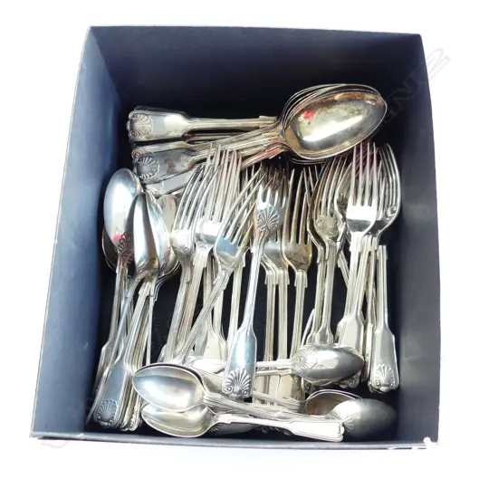 56 PCE 12 PLACE SILVER PLATE SHELL PATTERN CUTLERY, FIDDLE SHAPE w. THREAD...