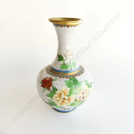 CLOISONNE VASE; WHITE GROUND H.250mm