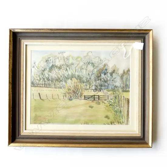 BERNARD WATERS (NZ WORKING c.1968-2020) LANDSCAPE w. FARM PADDOCKS W/C SKETCH '55 275x370mm 