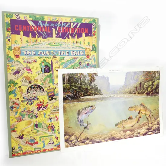 NZ CENTENNIAL EXHIBITION ADVERTISING POSTER ON BOARD 'THE FUN OF THE FAIR' 5 00 X 750MM + CLEAR WATER PRINT
