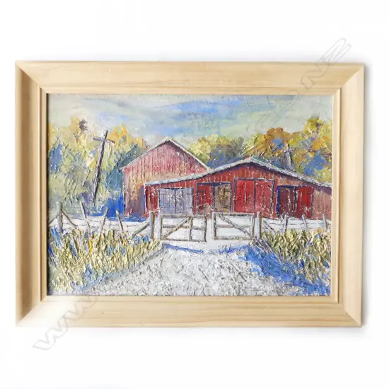 BERNARD WATERS (NZ b.1936) ABANDONED SHEDS WESTERN SPRINGS, PAINTED PLASTER RELIEF ON BOARD, ELAM 1961 380x540mm