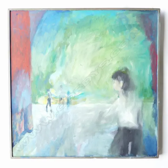 BERNARD WATERS (NZ WORKING c.1968-2020), UNTITLED BLU ABSTRACT (STAGE DANCERS), OIL ON BOARD, UNSIGNED 595x595mm